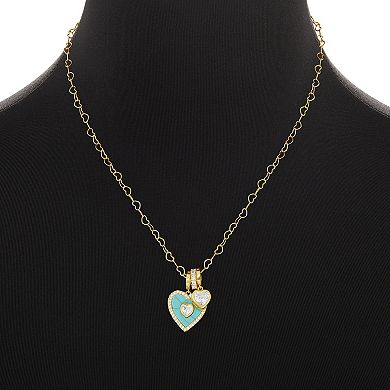 Brilliance 18k Gold Flash Plated Simulated Turquoise & Cubic Zirconia Double Heart Charm & Heart Link Chain Necklace