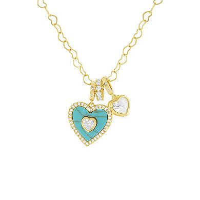 Brilliance 18k Gold Flash Plated Simulated Turquoise & Cubic Zirconia Double Heart Charm & Heart Link Chain Necklace