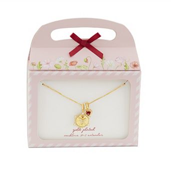 Brilliance 18k Gold Flash Plated Garnet Cubic Zirconia Heart & Cubic Zirconia Hummingbird Coin Charms Box Chain Necklace