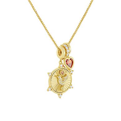 Brilliance 18k Gold Flash Plated Garnet Cubic Zirconia Heart & Cubic Zirconia Hummingbird Coin Charms Box Chain Necklace