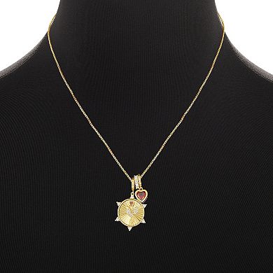Brilliance 18k Gold Flash Plated Garnet Cubic Zirconia Heart & Cubic Zirconia Hummingbird Coin Charms Box Chain Necklace