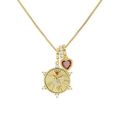 Brilliance 18k Gold Flash Plated Garnet Cubic Zirconia Heart & Cubic Zirconia Hummingbird Coin Charms Box Chain Necklace