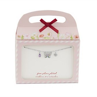 Brilliance Fine Silver Plated Multi-Color Cubic Zirconia Butterfly & Flower Charms Singapore Chain Necklace