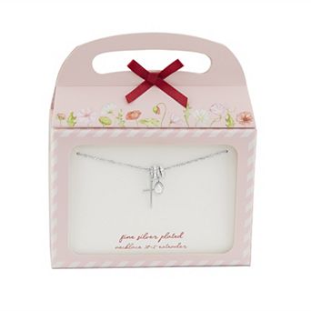 Brilliance Fine Silver Plated Cubic Zirconia Teardrop & Cross Charms Singapore Chain Necklace