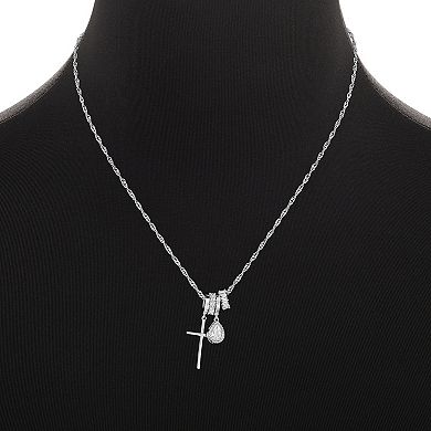 Brilliance Fine Silver Plated Cubic Zirconia Teardrop & Cross Charms Singapore Chain Necklace
