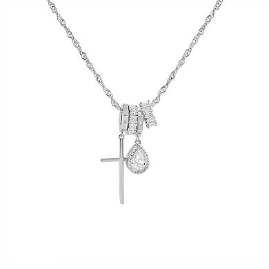 Brilliance Fine Silver Plated Cubic Zirconia Teardrop & Cross Charms Singapore Chain Necklace