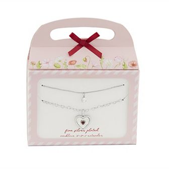 Brilliance Fine Silver Plated Mother of Pearl & Garnet Cubic Zirconia Heart Charm Double Layer Necklace