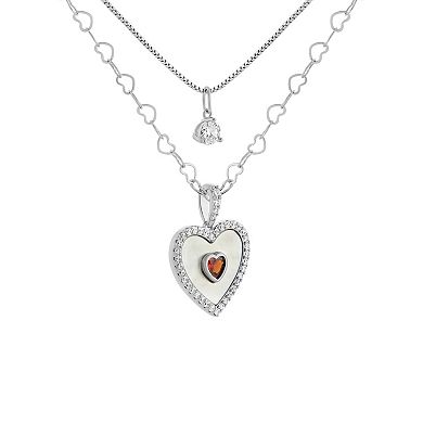 Brilliance Fine Silver Plated Mother of Pearl & Garnet Cubic Zirconia Heart Charm Double Layer Necklace