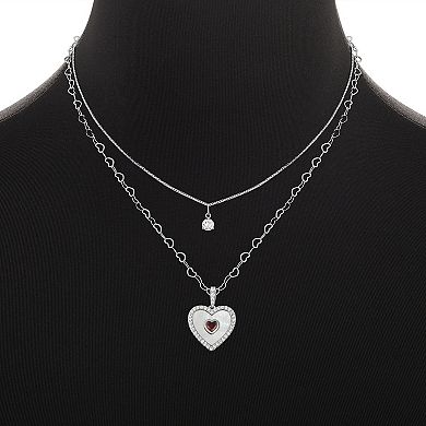 Brilliance Fine Silver Plated Mother of Pearl & Garnet Cubic Zirconia Heart Charm Double Layer Necklace