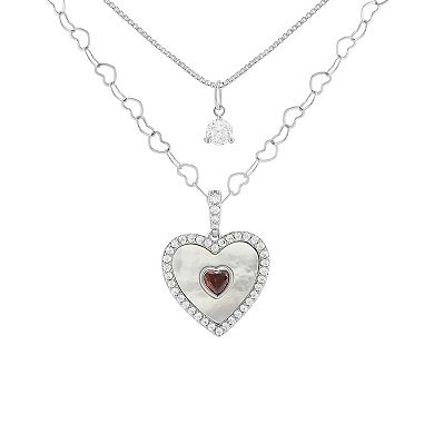 Brilliance Fine Silver Plated Mother of Pearl & Garnet Cubic Zirconia Heart Charm Double Layer Necklace