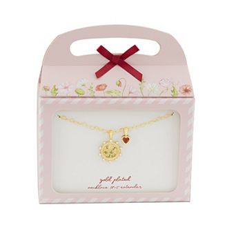 Brilliance 18k Gold Flash Plated Garnet Cubic Zirconia Heart Charm & "I love you to the moon and back" Cubic Zirconia Coin Charm Heart Link Chain Necklace