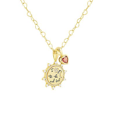 Brilliance 18k Gold Flash Plated Garnet Cubic Zirconia Heart Charm & "I love you to the moon and back" Cubic Zirconia Coin Charm Heart Link Chain Necklace