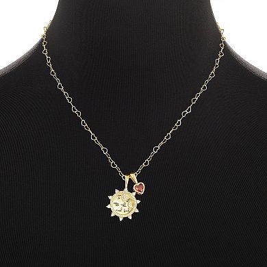 Brilliance 18k Gold Flash Plated Garnet Cubic Zirconia Heart Charm & "I love you to the moon and back" Cubic Zirconia Coin Charm Heart Link Chain Necklace