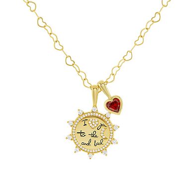 Brilliance 18k Gold Flash Plated Garnet Cubic Zirconia Heart Charm & "I love you to the moon and back" Cubic Zirconia Coin Charm Heart Link Chain Necklace