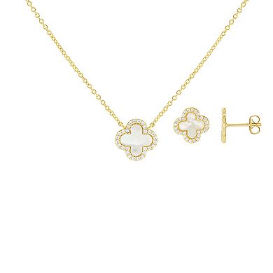 Brilliance Fine Silver Plated Mother of Pearl & Cubic Zirconia Stud Earrings & Necklace Set