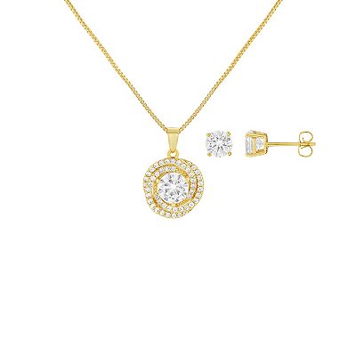 Brilliance Fine Silver Plated Round Cubic Zirconia Stud Earrings & Cubic Zirconia Loveknot Pendant Box Chain Necklace Set