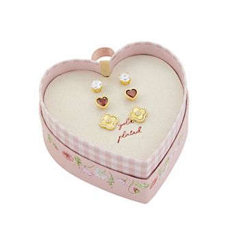 Brilliance 18k Gold Flash Plated Cubic Zirconia Stud, Garnet Cubic Zirconia Heart Stud & Cubic Zirconia Clover Stud Earrings Trio Set