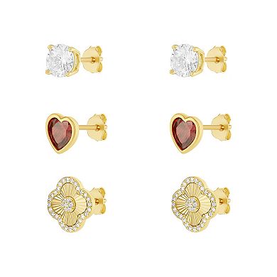 Brilliance 18k Gold Flash Plated Cubic Zirconia Stud, Garnet Cubic Zirconia Heart Stud & Cubic Zirconia Clover Stud Earrings Trio Set