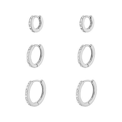 Brilliance Fine Silver Plated Graduated Pave Crystal Hoop Earrings Trio Set