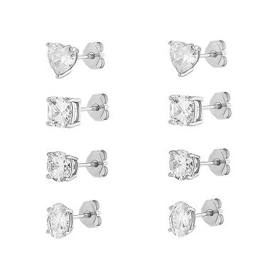 Brilliance Fine Silver Plated Multi-Color Cubic Zirconia & Multi-Shape Stud Earrings Quad Set