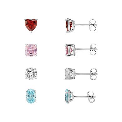 Brilliance Fine Silver Plated Multi-Color Cubic Zirconia & Multi-Shape Stud Earrings Quad Set