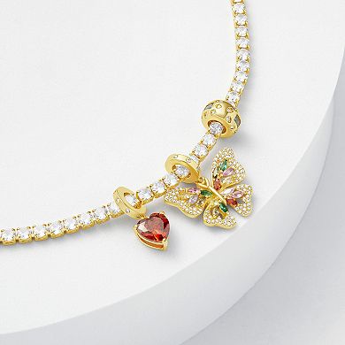 Brilliance 18k Gold Flash Plated Garnet Cubic Zirconia Heart Charm & Multi-Color Cubic Zirconia Butterfly Charm Tennis Bracelet