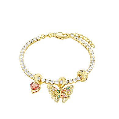 Brilliance 18k Gold Flash Plated Garnet Cubic Zirconia Heart Charm & Multi-Color Cubic Zirconia Butterfly Charm Tennis Bracelet