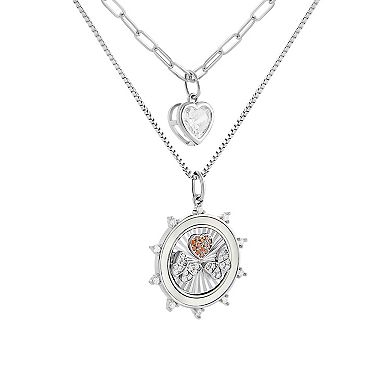 Brilliance Fine Silver Plated Garnet Cubic Zirconia Heart Butterfly Coin Charm Double Layer Necklace