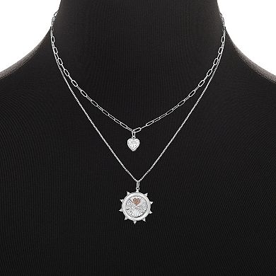 Brilliance Fine Silver Plated Garnet Cubic Zirconia Heart Butterfly Coin Charm Double Layer Necklace