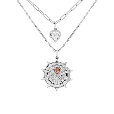 Brilliance Fine Silver Plated Garnet Cubic Zirconia Heart Butterfly Coin Charm Double Layer Necklace