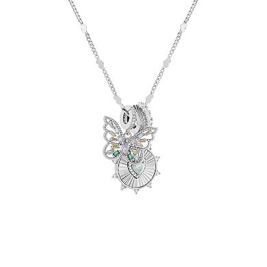 Brilliance Fine Silver Plated Multi-Color Cubic Zirconia Butterfly & Heart Coin Charms Heart Station Chain Necklace