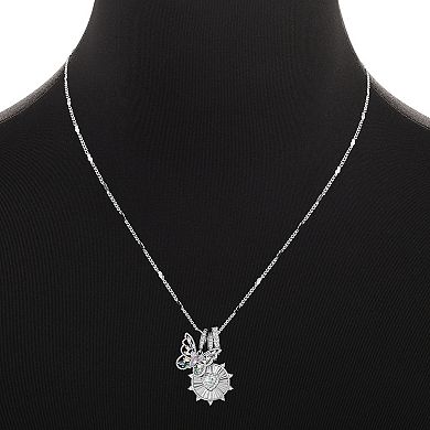 Brilliance Fine Silver Plated Multi-Color Cubic Zirconia Butterfly & Heart Coin Charms Heart Station Chain Necklace