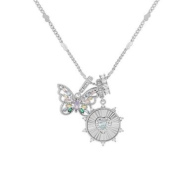 Brilliance Fine Silver Plated Multi-Color Cubic Zirconia Butterfly & Heart Coin Charms Heart Station Chain Necklace
