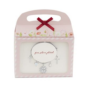 Brilliance Fine Silver Plated Moonstone Heart Charm & Mother of Pearl Cubic Zirconia Cross Charms Adjustable Bracelet