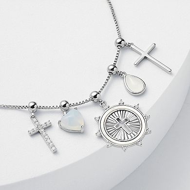 Brilliance Fine Silver Plated Moonstone Heart Charm & Mother of Pearl Cubic Zirconia Cross Charms Adjustable Bracelet