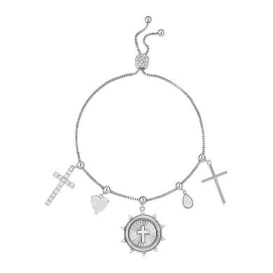 Brilliance Fine Silver Plated Moonstone Heart Charm & Mother of Pearl Cubic Zirconia Cross Charms Adjustable Bracelet