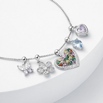 Brilliance Fine Silver Plated Multi-Color Cubic Zirconia Butterfly, Flower & Heart Charms Adjustable Bracelet