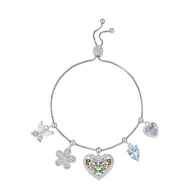 Brilliance Fine Silver Plated Multi-Color Cubic Zirconia Butterfly, Flower & Heart Charms Adjustable Bracelet
