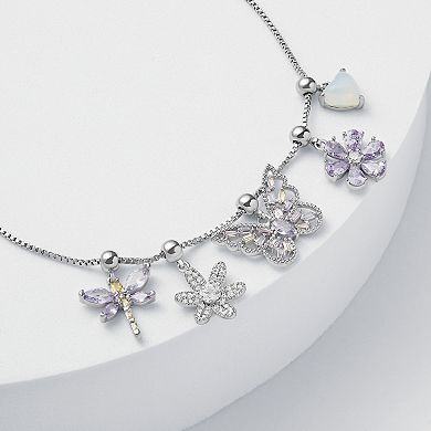 Brilliance Fine Silver Plated Multi-Color Cubic Zirconia Dragonfly, Flower, Butterfly & Heart Charms Adjustable Bracelet
