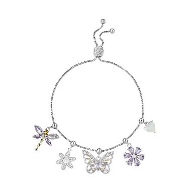 Brilliance Fine Silver Plated Multi-Color Cubic Zirconia Dragonfly, Flower, Butterfly & Heart Charms Adjustable Bracelet