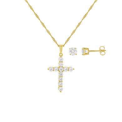 Brilliance Fine Silver Plated Cubic Zirconia Stud Earrings & Cubic Zirconia Cross Pendant Box Chain Necklace Set