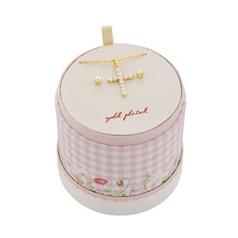 Brilliance Fine Silver Plated Cubic Zirconia Stud Earrings & Cubic Zirconia Cross Pendant Box Chain Necklace Set