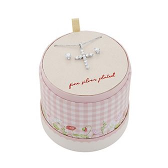Brilliance Fine Silver Plated Cubic Zirconia Stud Earrings & Cubic Zirconia Cross Pendant Box Chain Necklace Set
