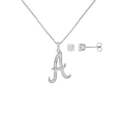 Brilliance Fine Silver Plated Cubic Zirconia Stud Earrings & Script Initial Pendant Necklace Set