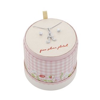 Brilliance Fine Silver Plated Cubic Zirconia Stud Earrings & Script Initial Pendant Necklace Set