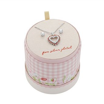 Brilliance Fine Silver Plated Cubic Zirconia Stud Earrings & Garnet Open Heart Pendant Necklace Set