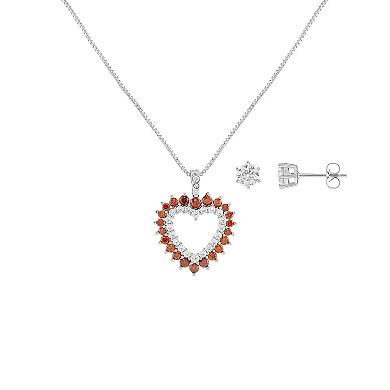 Brilliance Fine Silver Plated Cubic Zirconia Stud Earrings & Garnet Open Heart Pendant Necklace Set