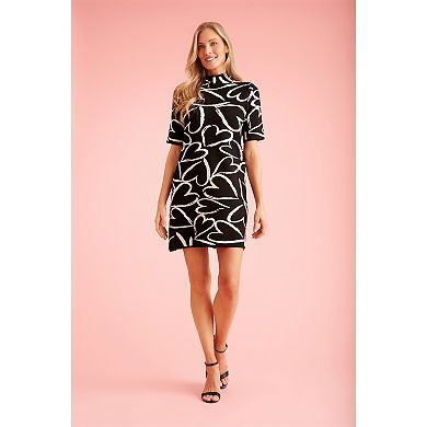 Women's London Times Printed Mockneck Short Sleeve Mini Sweater Dress