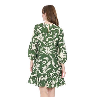 Women's London Times V-Neck Bishop Sleeve Flounce Hem Shift Dress