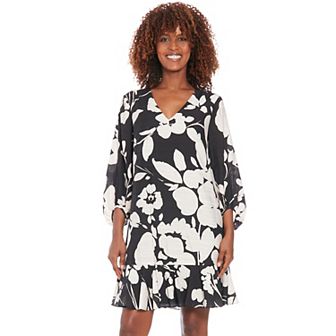 Women's London Times V-Neck Bishop Sleeve Flounce Hem Shift Dress